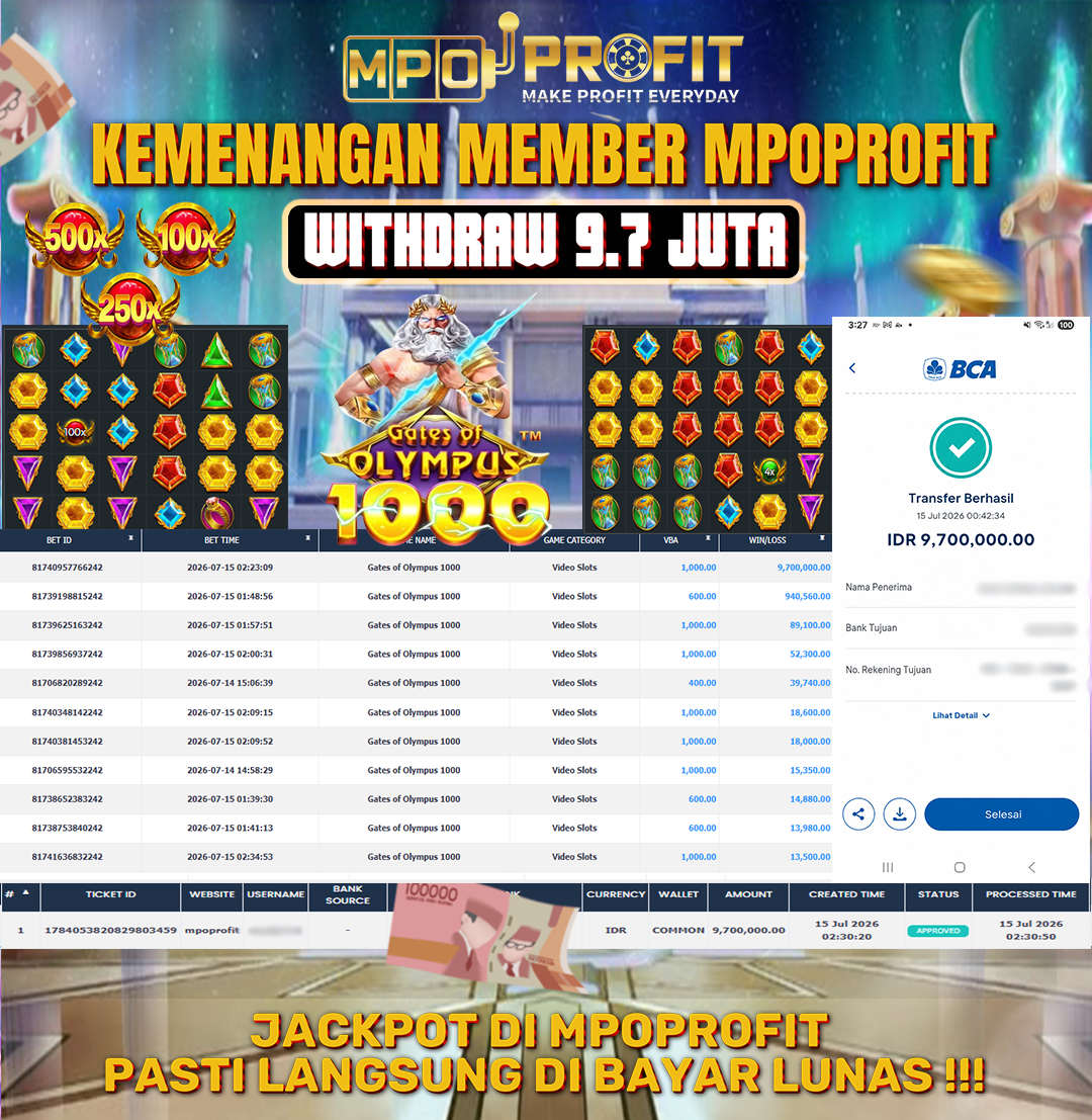 MPOPROFIT JACKPOT SLOT PRAGMATIC! KEMENANGAN MURNI DI (GATES OF OLYMPUS 1000 TOTAL 9.700.000,- LUNAS)